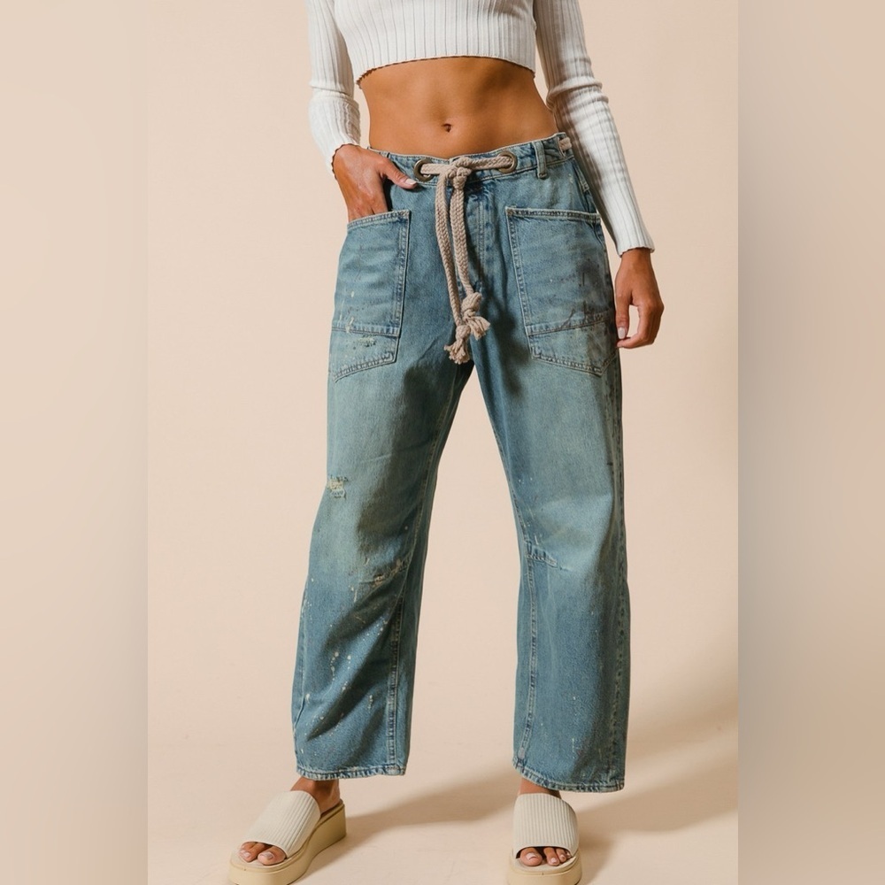 NWT BRAIDED WAIST BELT DRIP PAINTING DETAIL WASHED DENIM PANTS BARREL JEANS - Picture 12 of 14